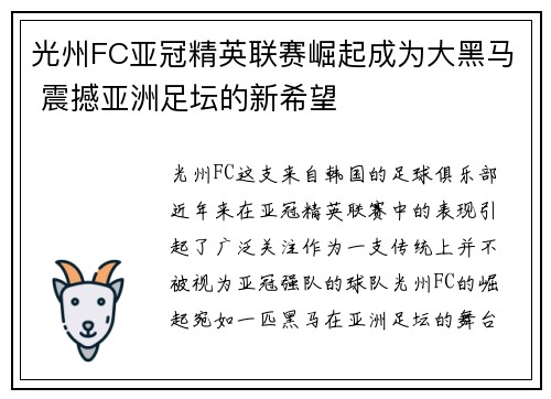 光州FC亚冠精英联赛崛起成为大黑马 震撼亚洲足坛的新希望